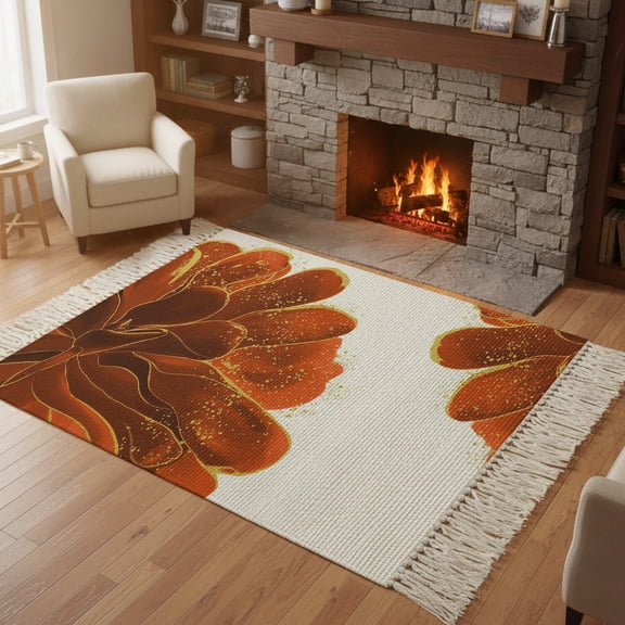 Living Room Area Rug 4'x 6', Burnt Orange Washable Large Carpet with Tassels, Sparkle Gold Stained Floral Flower Art Farmhouse Low-Profile Carpet Mat for Bedroom, Kitchen, Home Decor