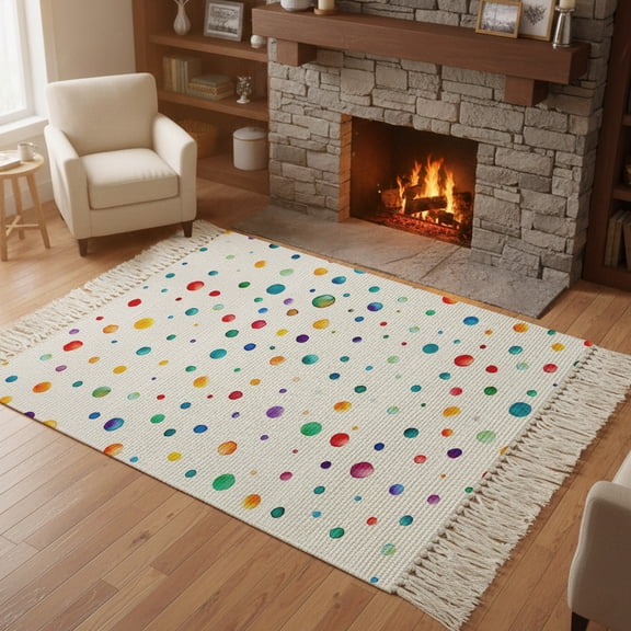Living Room Area Rug 4'x 6', Colorful Polka Dot Washable Large Carpet with Tassels, Rainbow Point Vibrant Farmhouse Low-Profile Carpet Mat for Bedroom, Kitchen, Home Decor