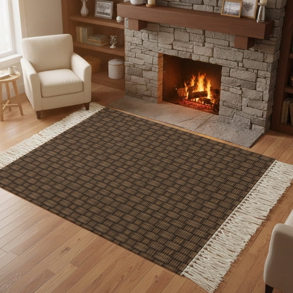 Living Room Area Rug 4'x 6', Dark Brown Rattan Washable Large Carpet with Tassels, Vintage Abstract Wicker Texture Farmhouse Low-Profile Carpet Mat for Bedroom, Kitchen, Home Decor