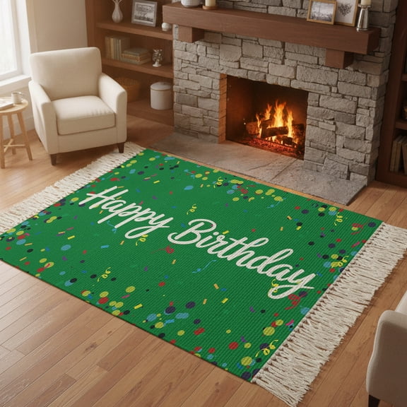 Living Room Area Rug 4'x 6', Grass Green Birthday Washable Large Carpet with Tassels, Colorful Confetti Ribbons Polka Dots Classroom Farmhouse Low-Profile Carpet Mat for Bedroom, Kitchen, Home Decor