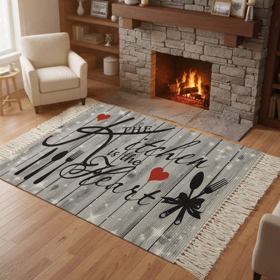 Living Room Area Rug 4'x 6', Grey Kitchen Knife Fork Washable Large Carpet with Tassels, Fork Wooden Modern Art Farmhouse Low-Profile Carpet Mat for Bedroom, Kitchen, Home Decor