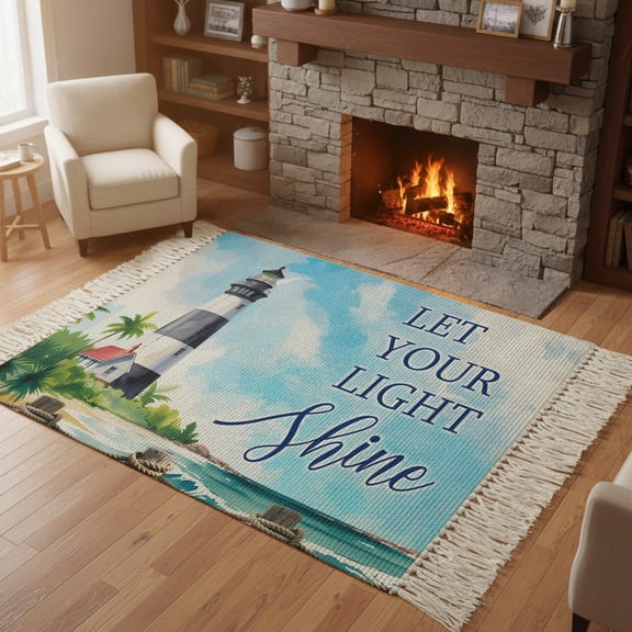 Living Room Area Rug 4'x 6', Lighthouse Washable Large Carpet with Tassels, Blue Coastal Nautical Ocean Beach Palm Tree Farmhouse Low-Profile Carpet Mat for Bedroom, Kitchen, Home Decor