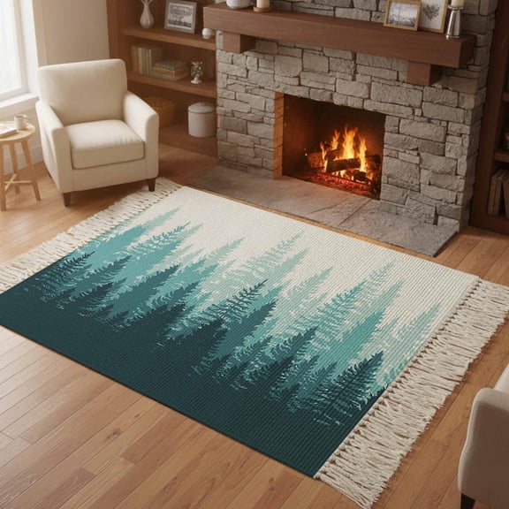 Living Room Area Rug 4'x 6', Modern Forest Aqua, Washable Large Carpet with Tassels, Gradient Aesthetics Modern Color Decor Farmhouse Low-Profile Carpet Mat for Bedroom, Kitchen, Home Decor