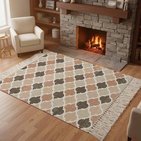 Living Room Area Rug 4'x 6', Ombre Brown Geometric Plaid Retro Abstract Morocco Gingham Washable Large Carpet with Tassels, Farmhouse Low-Profile Carpet Mat for Bedroom, Kitchen, Home Decor