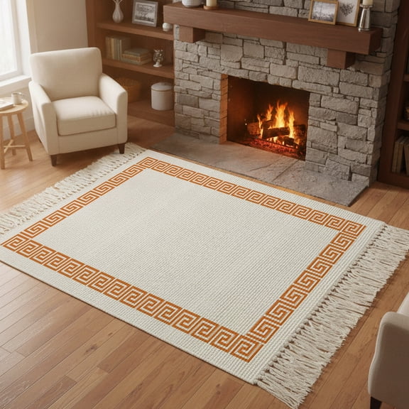 Living Room Area Rug 4'x 6', Orange Geometric Washable Large Carpet with Tassels, Modern Key Greek Design Abstract Art Farmhouse Low-Profile Carpet Mat for Bedroom, Kitchen, Home Decor