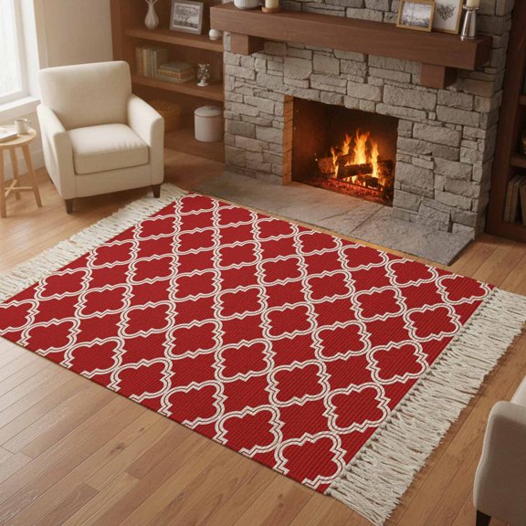 Living Room Area Rug 4'x 6', Quatrefoil Moroccan Pattern Washable Large Carpet with Tassels, Geometric Red Backdrop Farmhouse Low-Profile Carpet Mat for Bedroom, Kitchen, Home Decor