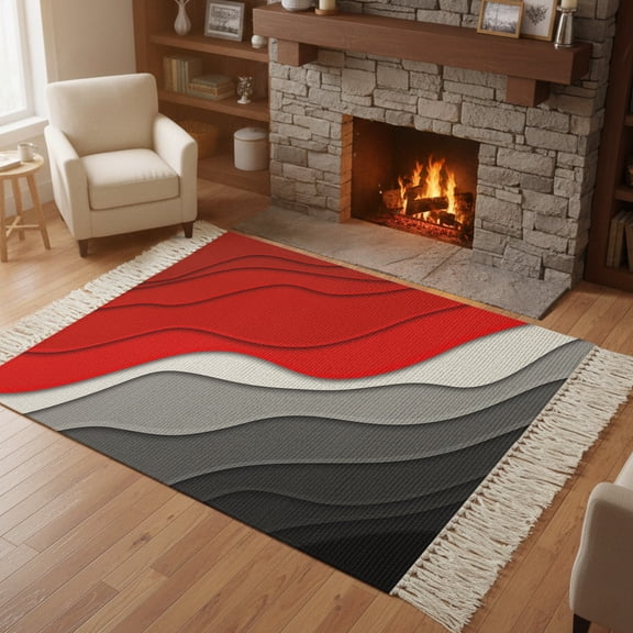 Living Room Area Rug 4'x 6', Red Black Ombre Washable Large Carpet with Tassels, Modern Geometric Abstract Aesthetics Cream Farmhouse Low-Profile Carpet Mat for Bedroom, Kitchen, Home Decor