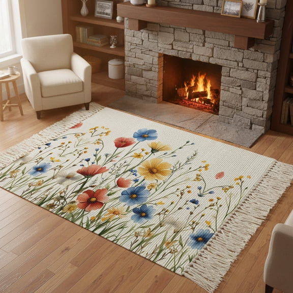 Living Room Area Rug 4'x 6', Red Blue Yellow Spring Floral Washable Large Carpet with Tassels, Blooming Summer Botanical Farmhouse Low-Profile Carpet Mat for Bedroom, Kitchen, Home Decor