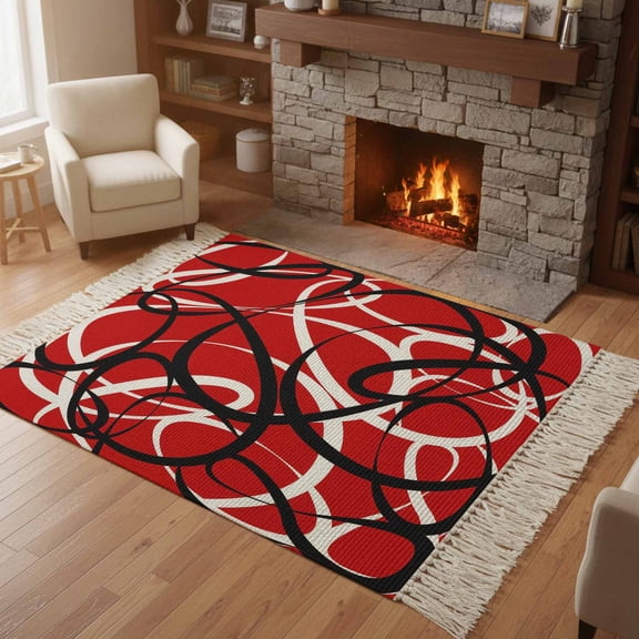 Living Room Area Rug 4'x 6', Red Geometric Washable Large Carpet with Tassels, Modern Abstract Black White Striped Lines Farmhouse Low-Profile Carpet Mat for Bedroom, Kitchen, Home Decor