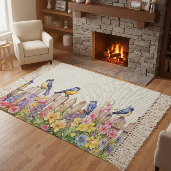 Living Room Area Rug 4'x 6', Spring Floral Washable Large Carpet with Tassels, Summer Birds Botanical Fence Farmhouse Low-Profile Carpet Mat for Bedroom, Kitchen, Home Decor