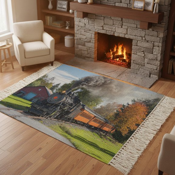Living Room Area Rug 4'x 6', Steam Train Washable Large Carpet with Tassels, Railroad Country Barn Rustic Trees Farmhouse Farmhouse Low-Profile Carpet Mat for Bedroom, Kitchen, Home Decor