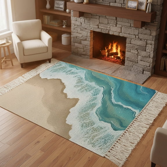 Living Room Area Rug 4'x 6', Turquoise Ocean Washable Large Carpet with Tassels, Gradient Brown Shore Sandy Beach Abstract Farmhouse Low-Profile Carpet Mat for Bedroom, Kitchen, Home Decor