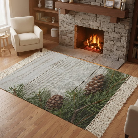 Living Room Area Rug 4'x 6', Vintage Pine Cones Washable Large Carpet with Tassels, Retro Botanical Watercolor Wooden Farmhouse Low-Profile Carpet Mat for Bedroom, Kitchen, Home Decor