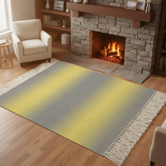 Living Room Area Rug 4'x 6', Yellow Grey Stripes Washable Large Carpet with Tassels, Modern Minimalist Solid Gradient Farmhouse Low-Profile Carpet Mat for Bedroom, Kitchen, Home Decor
