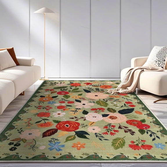 5x7 ft Living Room Area Rug Machine Washable Boho Area Rug Non Slip Floral Vintage Low Pile Large Rug for Living Room, Bedroom, Farmhouse, Dining Room
