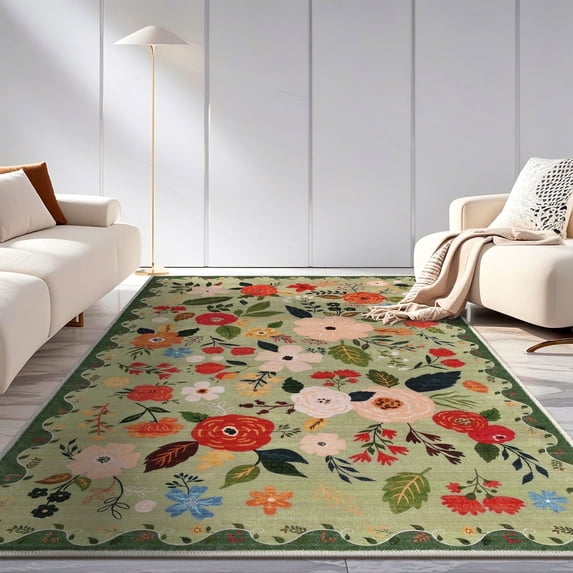 5x7 ft Living Room Area Rug Machine Washable Boho Area Rug Non Slip Floral Vintage Low Pile Large Rug for Living Room, Bedroom, Farmhouse, Dining Room