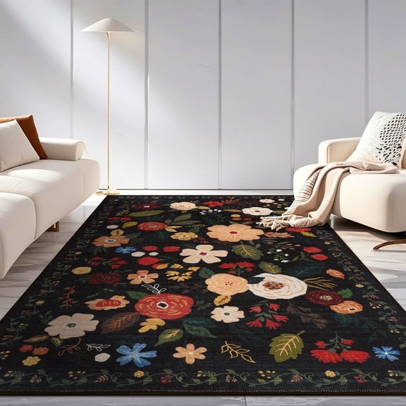 5x7 ft Living Room Area Rug Machine Washable Boho Area Rug Non Slip Floral Vintage Low Pile Large Rug for Living Room, Bedroom, Farmhouse, Dining Room, Kids Playroom