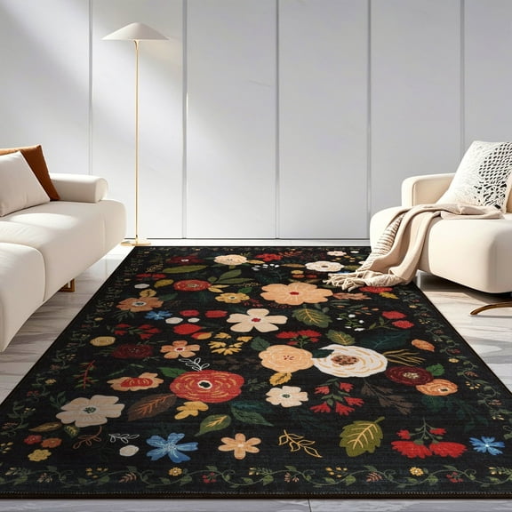 6x9 ft Living Room Area Rug Machine Washable Boho Area Rug Non Slip Floral Vintage Low Pile Large Rug for Living Room, Bedroom, Farmhouse, Dining Room, Kids Playroom