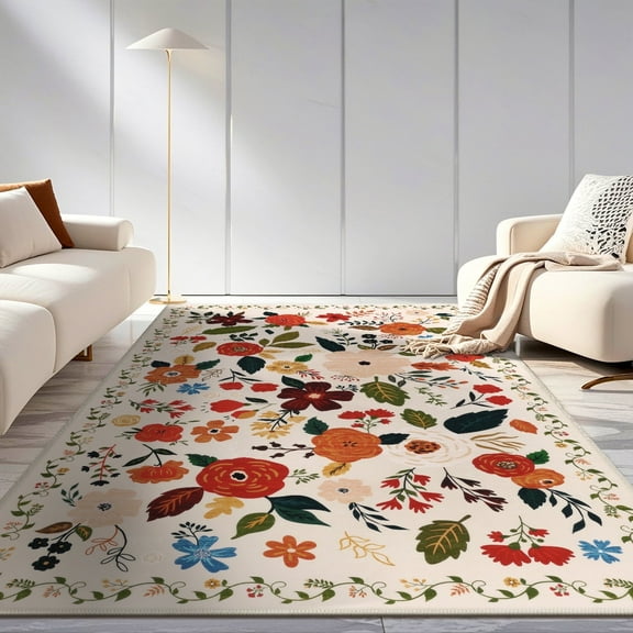 6x9 ft Living Room Area Rug Machine Washable Boho Area Rug Non Slip Floral Vintage Low Pile Large Rug for Living Room, Bedroom, Farmhouse, Dining Room, Kids Playroom