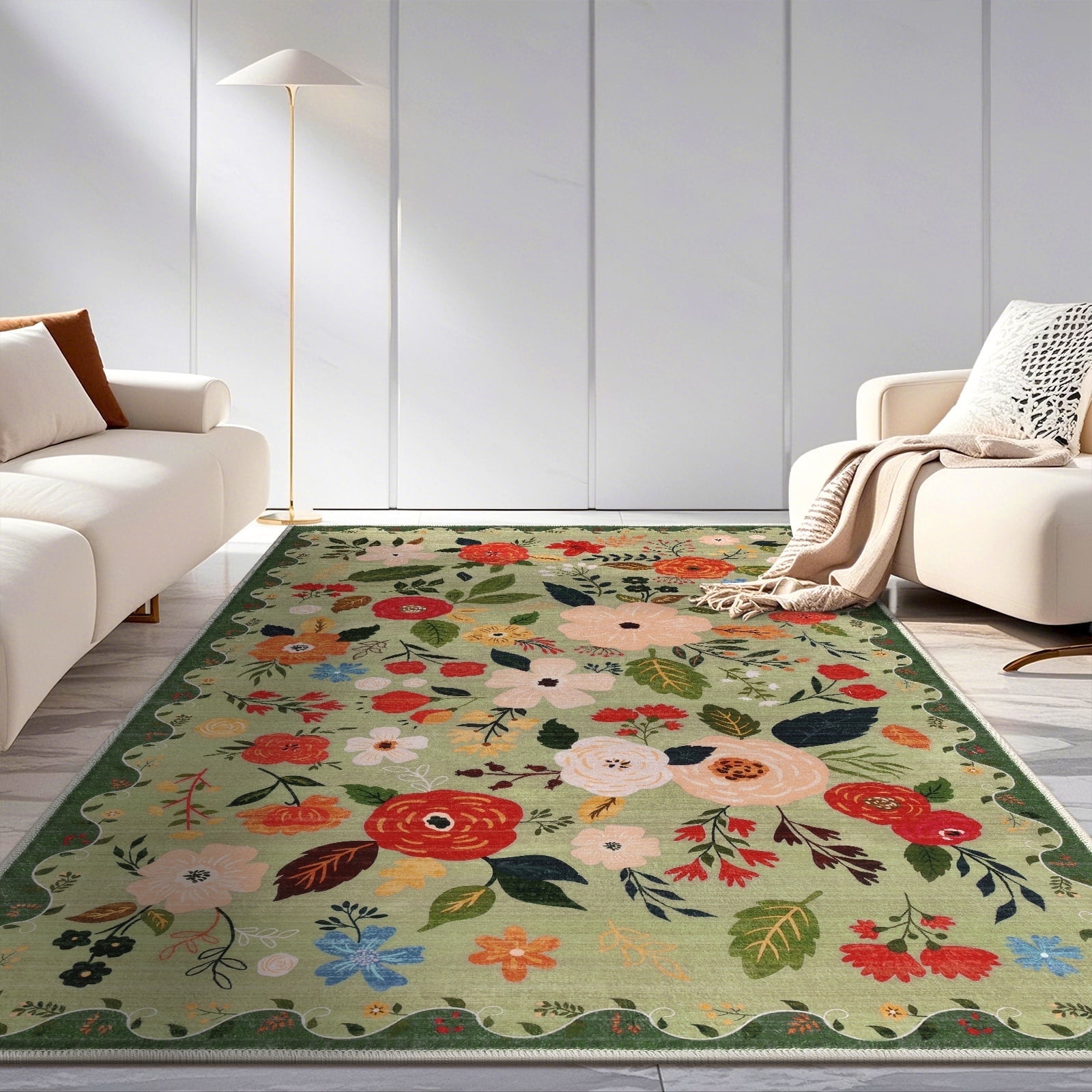 6x9 ft Living Room Area Rug Machine Washable Boho Area Rug Non Slip Floral Vintage Low Pile Large Rug for Living Room, Bedroom, Farmhouse, Dining Room, Kids Playroom