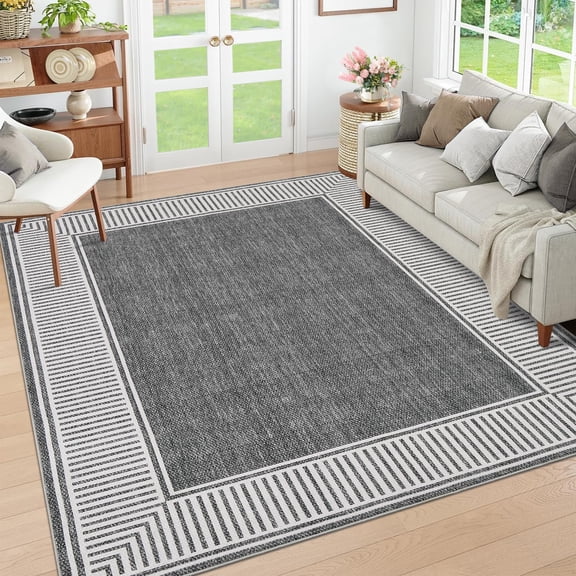 Living Room Area Rug 8x10 Modern Striped Border Throw Carpet with Rubber Backing Low Pile Stain Resistant Dining Room Rug Contemporary Bordered Carpet for Home Office, Grey