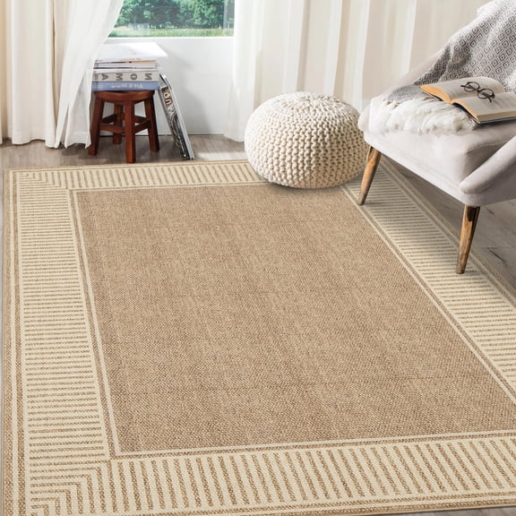 Living Room Area Rug 8x10 Modern Striped Border Throw Carpet with Rubber Backing Low Pile Stain Resistant Dining Room Rug Contemporary Bordered Carpet for Home Office, Khaki