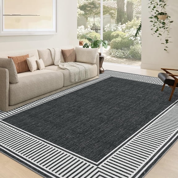 Living Room Area Rug 8x10 Modern Striped Border Throw Carpet with Rubber Backing Low Pile Stain Resistant Dining Room Rug Contemporary Bordered Carpet for Home Office, Black