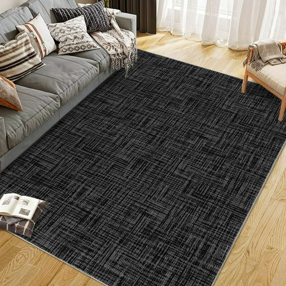Living Room Area Rug 9x12 Machine Washable Non-Slip Stain Resistant Modern Abstract Floor Carpet Solid Rug for Dining Room Home Office, Black