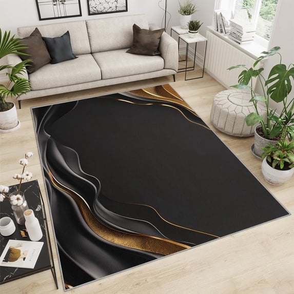 Living Room Area Rug, Modern Abstract Art Geometric Gold Wave Texture Black Washable Rug, Soft Comfy Foldable Breathable Easy Care Non Slip Rugs For Dining Room Decor Door Mat 4x5ft