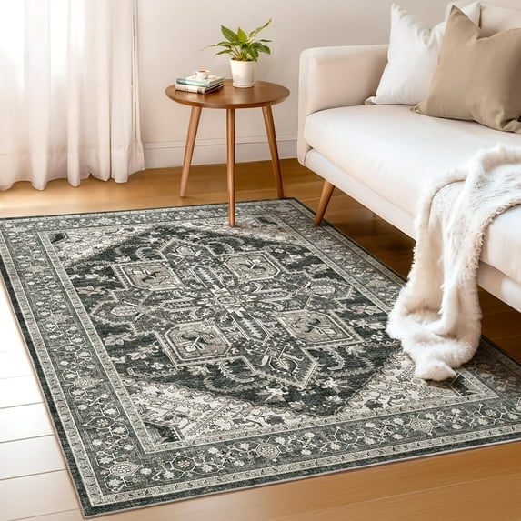 Living Room Area Rugs 4x6: Washable Rug Boho Soft Non-Slip Low Pile Stain Resistant Foldable Carpet for Bedroom Playroom Dining Room Office Kitchen Farmhouse Home Decor Rug-Bitter Black