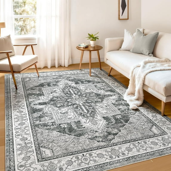 Living Room Area Rugs 5x7: Washable Rug Boho Soft Non-Slip Low Pile Stain Resistant Foldable Carpet for Bedroom Playroom Dining Room Office Kitchen Farmhouse Home Decor Rug-Gray