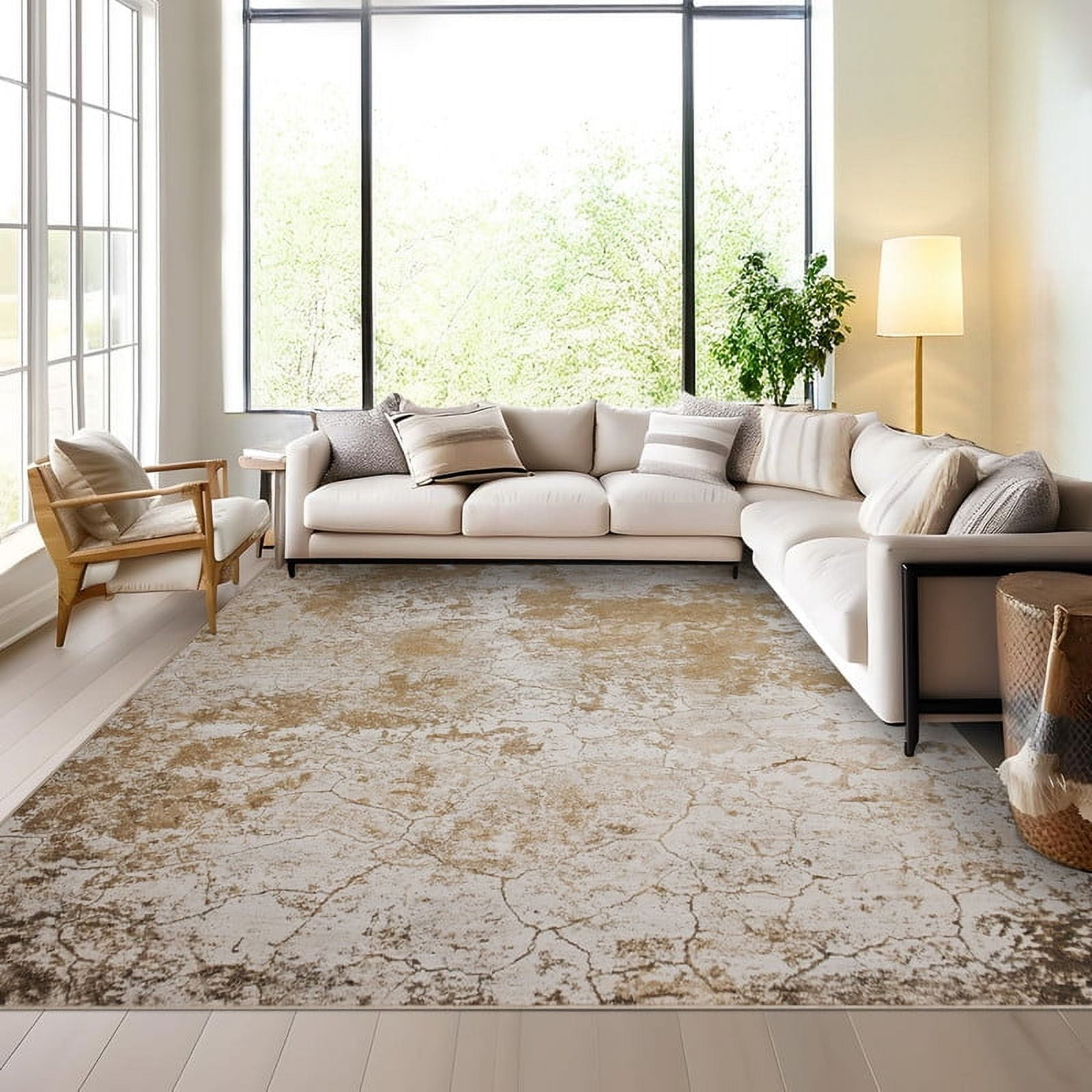 Living Room Area Rugs 6x9 Washable Modern Abstract Large Soft Indoor Rug Neutral Modern Low Pile Carpet for Bedroom Dining Room Apartment Camel