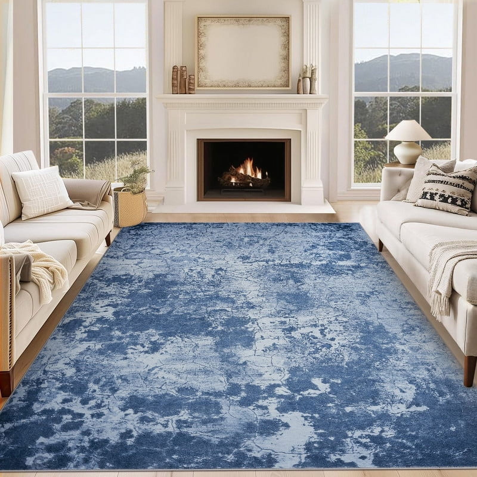 Living Room Area Rugs 8x10 Washable Abstract Neutral Modern Large Soft Indoor Rug Stain Resistant Non Slip Carpet for Bedroom Dining Room Farmhouse Home Office Blue