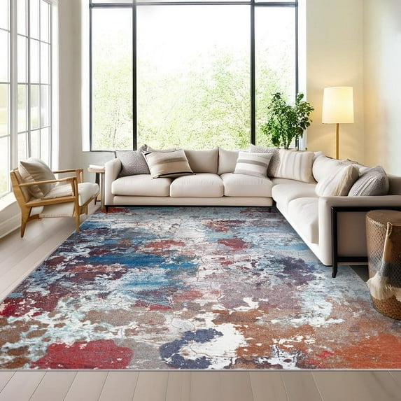 Living Room Area Rugs 8x10 Washable Abstract Neutral Modern Large Soft Indoor Rug Stain Resistant Non Slip Carpet for Bedroom Dining Room Multi