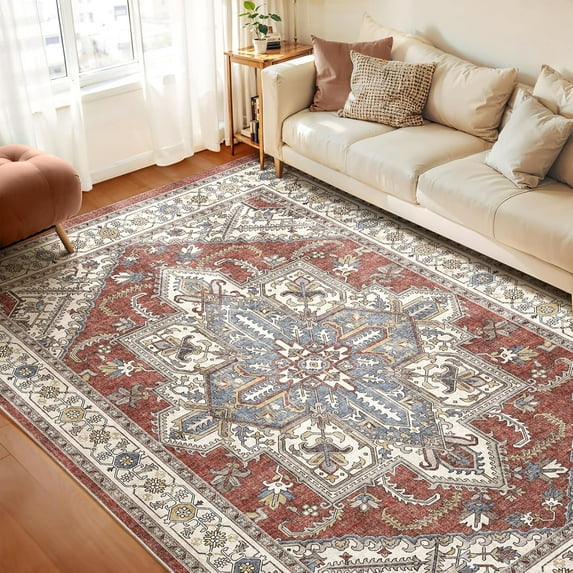Living Room Area Rugs 8x10: Washable Rug Boho Soft Non-Slip Low Pile Stain Resistant Foldable Carpet for Bedroom Playroom Dining Room Office Kitchen Farmhouse Home Decor Rug-Rust/Lvory
