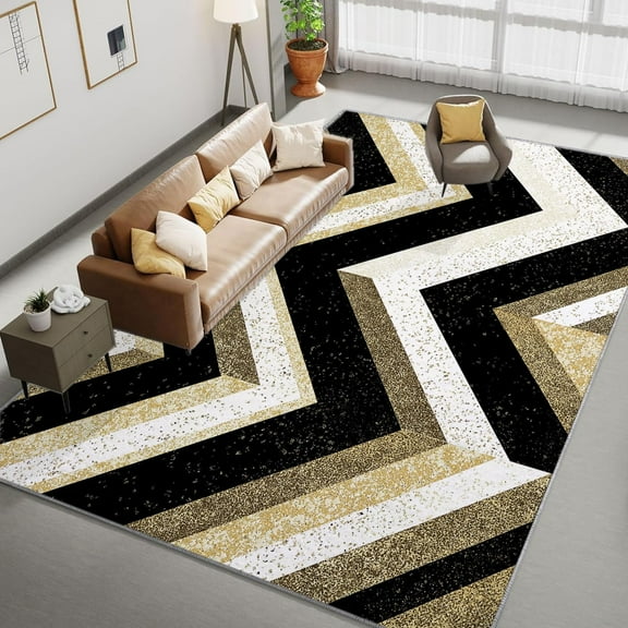 Living Room Area Rugs, Abstract Geometric Herringbone Line Printed Design Carpet, Black Gold Washable Rectangle Rug, Soft Short Pile Carpet For Bedroom Dining Room Non-Slip Rug