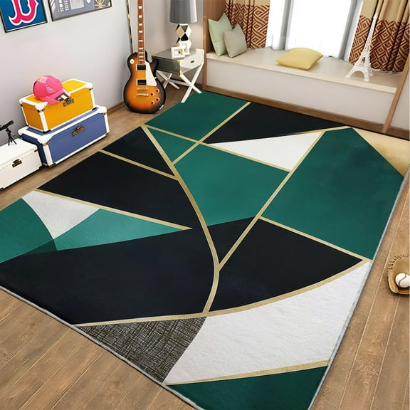 Living Room Area Rugs, Abstract Geometric Shape Blocks Printed Design Carpet, Emerald Green Washable Rectangle Rug, Soft Short Pile Carpet For Bedroom Dining Room Non-Slip Rug
