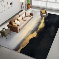 Living Room Area Rugs, Abstract Painting Foggy Mountains Printed Design Carpet, Black Gold Washable Rectangle Rug, Soft Short Pile Carpet For Bedroom Dining Room Non-Slip Rug