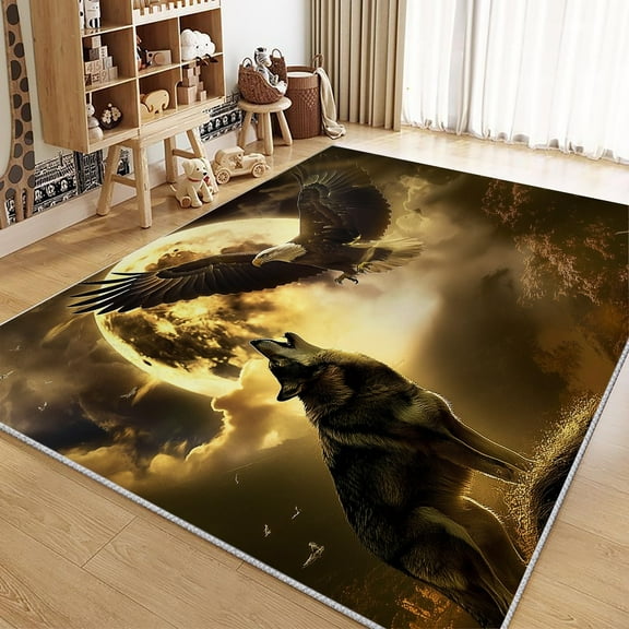 Living Room Area Rugs, Animal Print Eagle Wolf Printed Rug, Yellow Carpet Washable Short Pile Area Rugs For Bedroom Dining Room, Soft Non Slip Non Shedding Rug