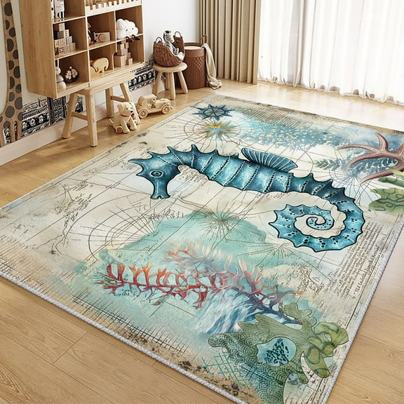 Living Room Area Rugs, Animal Print Seahorse Printed Decorate Rug, Blue Carpet Washable Short Pile Rugs For Bedroom Dining Room, Soft Non-Slip Rectangle Rug