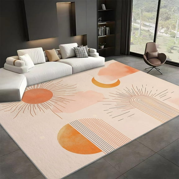 Living Room Area Rugs, Bohemian Style Abstract Sun And Moon Printed Design Carpet, Light Color Washable Rectangle Rug, Soft Short Pile Carpet For Bedroom Dining Room Non-Slip Rug