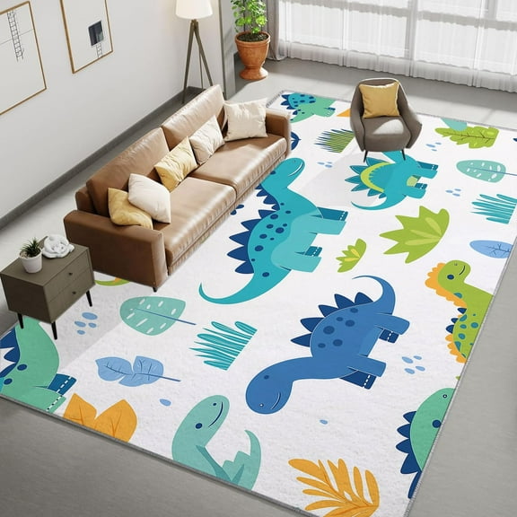 Living Room Area Rugs, Cartoon Animal Dinosaur Printed Design Carpet, Blue-Green Washable Rectangle Rug, Soft Short Pile Carpet For Bedroom Dining Room Non-Slip Rug