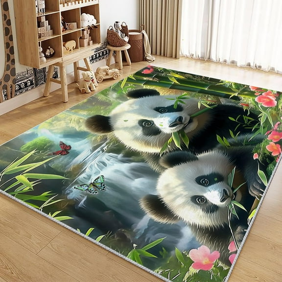 Living Room Area Rugs, Cartoon Animal Panda Printed Rug, Green Carpet Washable Short Pile Area Rugs For Bedroom Dining Room, Soft Non Slip Non Shedding Rug