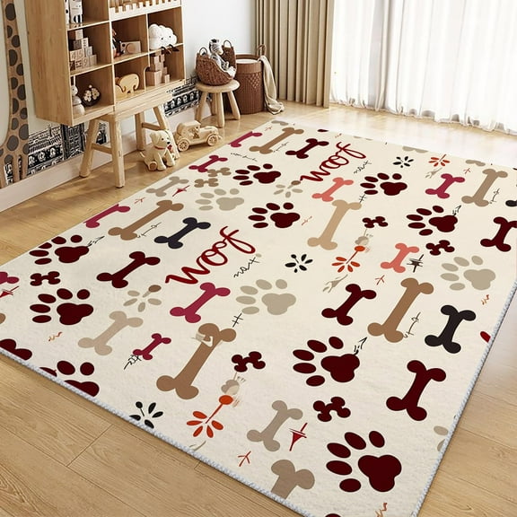 Living Room Area Rugs, Cartoon Animal Paw Print Bones Printed Rug, Yellow Carpet Washable Short Pile Area Rugs For Bedroom Dining Room, Soft Non Slip Non Shedding Rug