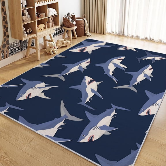 Living Room Area Rugs, Cartoon Animal Shark Printed Carpet, Blue Washable Rectangle Rug, Soft Low-Pile Carpet For Bedroom Dining Room Non-Slip Rug