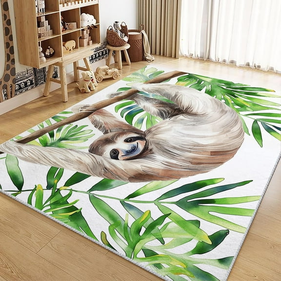 Living Room Area Rugs, Cartoon Animal Sloth Printed Decorate Rug, White Carpet Washable Short Pile Rugs For Bedroom Dining Room, Soft Non-Slip Rectangle Rug