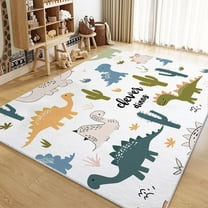 Living Room Area Rugs, Cartoon Dinosaur Cactus Printed Carpet, White Washable Rectangle Rug, Soft Low-Pile Carpet For Bedroom Dining Room Non-Slip Rug