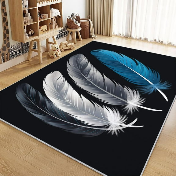 Living Room Area Rugs, Cartoon Feather Printed Decorate Rug, Black Carpet Washable Short Pile Rugs For Bedroom Dining Room, Soft Non-Slip Rectangle Rug