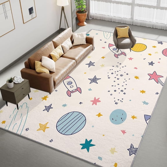 Living Room Area Rugs, Cartoon Painting Rocket Stars Printed Design Carpet, Light-Colored Washable Rectangle Rug, Soft Short Pile Carpet For Bedroom Dining Room Non-Slip Rug