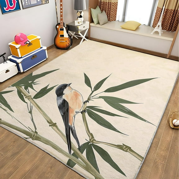 Living Room Area Rugs, Chinese Style Ink Painting Bamboo Bird Printed Design Carpet, Light-Colored Washable Rectangle Rug, Soft Short Pile Carpet For Bedroom Dining Room Non-Slip Rug
